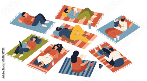 A vibrant illustration of people relaxing on colorful rugs with laptops and coffee cups on a plain