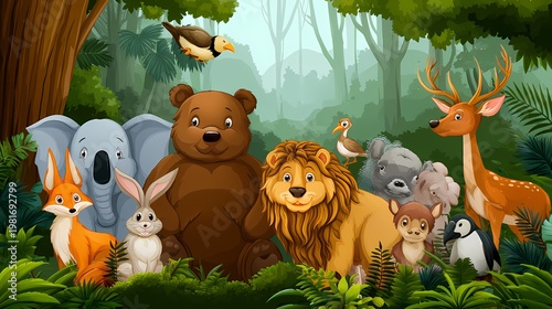 Colorful Cartoon Jungle Animals Illustration with Playful Style