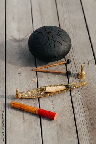 Fotografie Meditation and spiritual practice, incense and singing bowl