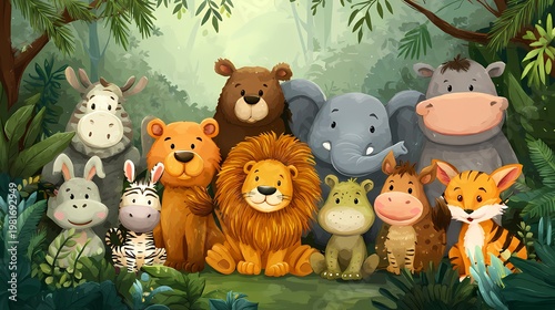 Playful Cartoon Jungle Animals Illustration with Bright Tropical Colors