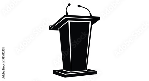 A stark black podium stands empty awaiting a speaker a dramatic silhouette
