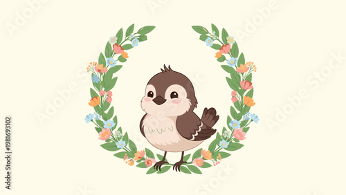 Small brown bird with rosy cheeks is framed by a beautiful circular wreath made of colorful flowers and green leaves.