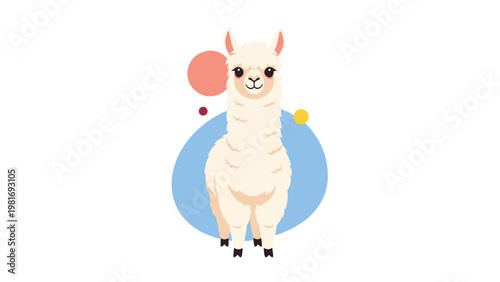 Charming white llama with a friendly expression stands against a background of blue and pink shapes in a simple cartoon style.