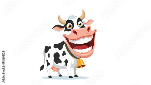 Funny cartoon cow with black spots and a golden bell around its neck shows a massive toothy grin in a hilarious expressive pose.