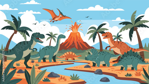 Prehistoric landscape features various dinosaurs wandering near a flowing blue river while a large volcano erupts in the distance.