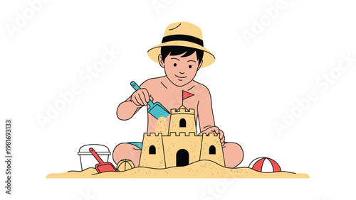 Creative young boy wearing a straw hat sits on the beach and uses a blue shovel to build a large sandcastle under the sun.