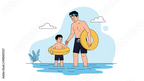 Caring father and his young son stand in shallow blue water while holding hands and carrying yellow inflatable inner tubes.