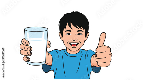 Healthy young boy holds up a fresh glass of white milk and gives a cheerful thumbs up gesture to show his approval.