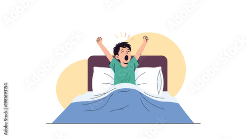 Young boy in green pajamas wakes up and stretches while yawning in his cozy bed with soft white pillows and a blue blanket in the morning.