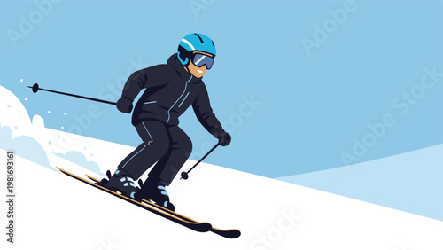 Enthusiastic skier glides down a snowy mountain slope wearing a helmet and goggles while enjoying active winter sports on a clear day.
