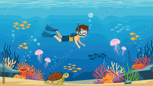 Young boy enjoys snorkeling in the deep blue ocean surrounded by colorful tropical fish, jellyfish, sea turtles, and beautiful coral reefs.