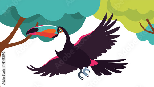 Exotic toucan bird with a colorful beak flies gracefully through a lush tropical forest filled with green trees and soft fluffy clouds.