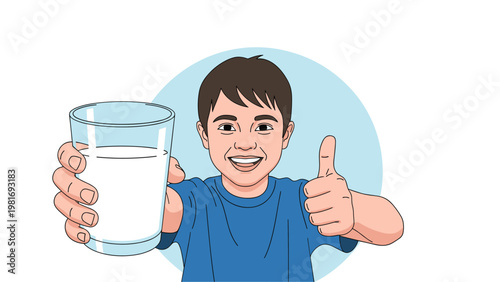 Cheerful young boy gives a thumbs up while holding a glass of fresh milk to promote healthy drinking habits and good nutrition for children.