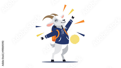 Energetic cartoon goat wearing a blue hoodie and a backpack jumps happily into the air with arms wide open in pure excitement.