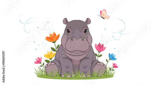Adorable baby hippopotamus sits peacefully on green grass surrounded by colorful blooming flowers and a fluttering pink butterfly.