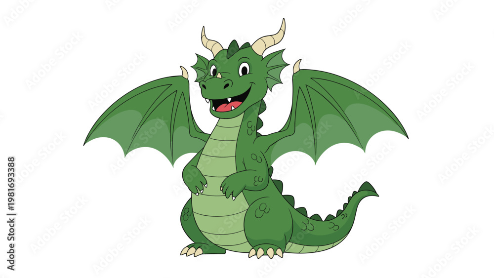 Fototapeta premium Friendly green cartoon dragon with large wings and horns standing and smiling in a cheerful pose on a plain white background.