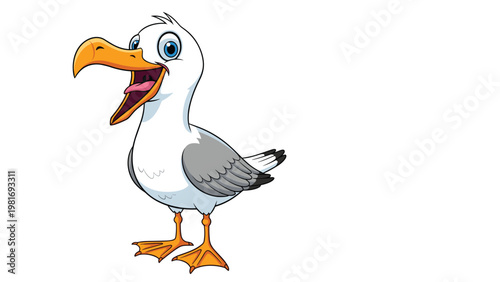 Happy seagull with a wide open orange beak looks like it is laughing against a clean and very simple white background.