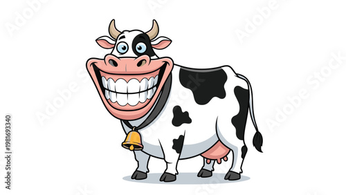 Funny cartoon cow with very large white teeth and a big smile wears a golden bell and looks at the camera with great joy.