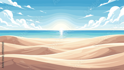 Peaceful tropical beach features soft white sand dunes and a calm blue ocean under a beautiful sunset sky with fluffy clouds.