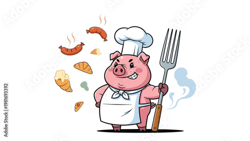 Cheerful pig wearing a chef hat and apron holds a large fork while surrounded by various cooked sausages and pastries.