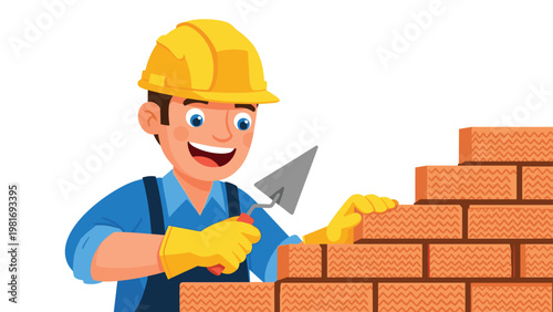 Happy professional construction worker in protective hard hat building a brick wall with mortar and a trowel on a white background.