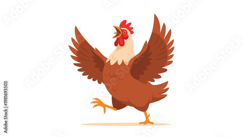 Cheerful brown hen walking forward with its wings spread and mouth open as if singing or clucking on a white background.