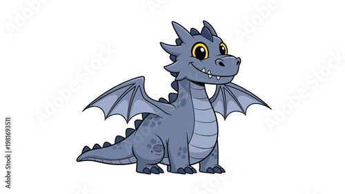 Small adorable blue dragon character with tiny wings and a happy smile standing on four legs on a white background.
