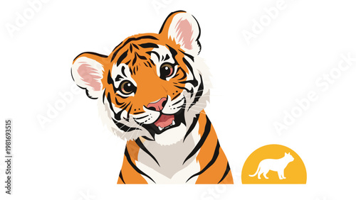 Adorable baby tiger cub with bright eyes and orange fur with black stripes looking directly forward in a playful pose.