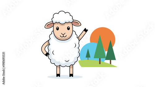 Friendly white sheep standing and waving a leg in a peaceful landscape with green hills orange sun and pine trees.