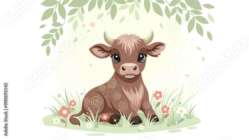 Adorable brown baby cow or calf sitting peacefully in a lush green meadow filled with flowers under leafy branches.