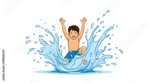Happy young boy with his arms raised in the air creates a huge splash as he jumps into refreshing blue water on a summer day.
