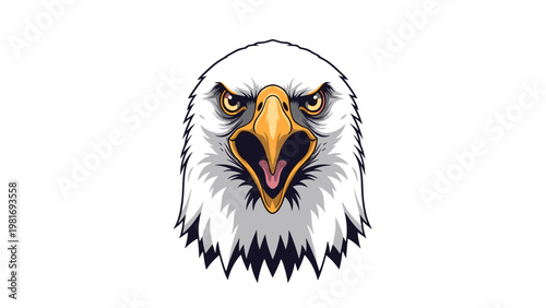 Powerful head of a bald eagle is shown in a front facing portrait with an intense gaze and sharp yellow beak on white.