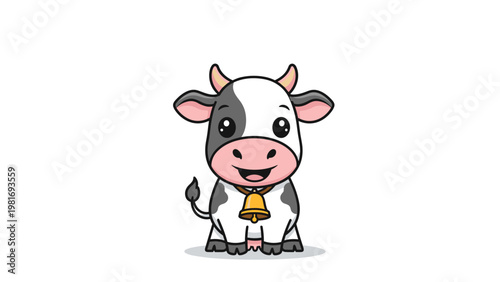 Cute baby cow with black and white spots sits comfortably while wearing a traditional golden bell around its neck in cartoon style.