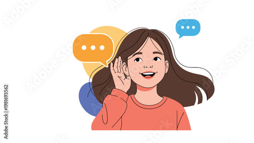 Curious young girl with long brown hair cups her hand behind her ear as if listening intently to a secret conversation or sound.