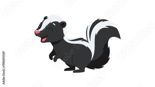Charming little skunk with a fluffy black and white tail smiles happily as it stands on its hind legs in a friendly pose.