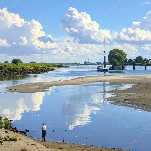 A serene river landscape with a lone figure on the sandy shore