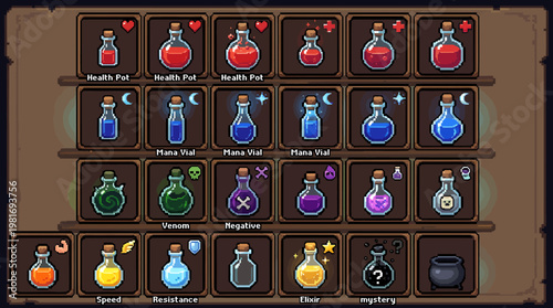 Pixel Art Potions and Elixirs Collection on Wooden Shelf