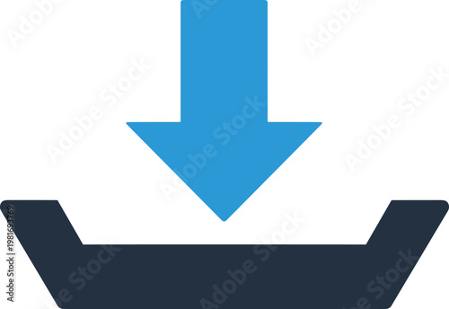 Downward pointing arrow moving into open container representing digital download process for internet file storage tasks.