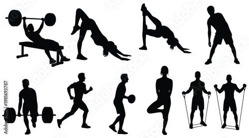 Silhouette illustrations of people engaging in various fitness activities and exercises