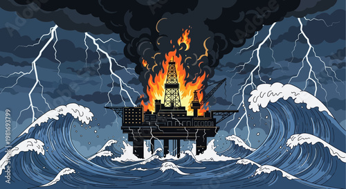 Burning Oil Rig Amidst Stormy Seas and Lightning Strikes