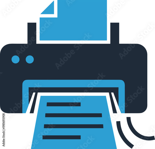 Modern office printer icon for wireless computer printing and document production service with paper sheet and wifi signal.