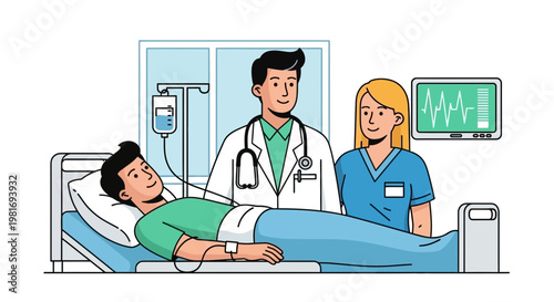 Doctor and nurse caring for patient in hospital bed with IV drip and EKG monitor