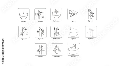 A collection of various bathroom sink and faucet line drawings in black