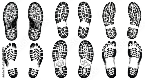Collection of various shoe and footprints on isolated for design and forensic purposes