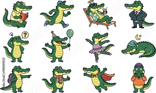 Alligator characters perform various daily activities and hobbies in this collection of colorful illustrated stickers.