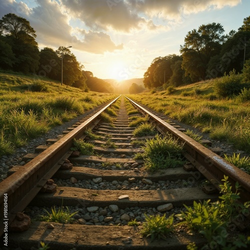 Railway tracks leading into the sunset with a serene landscape