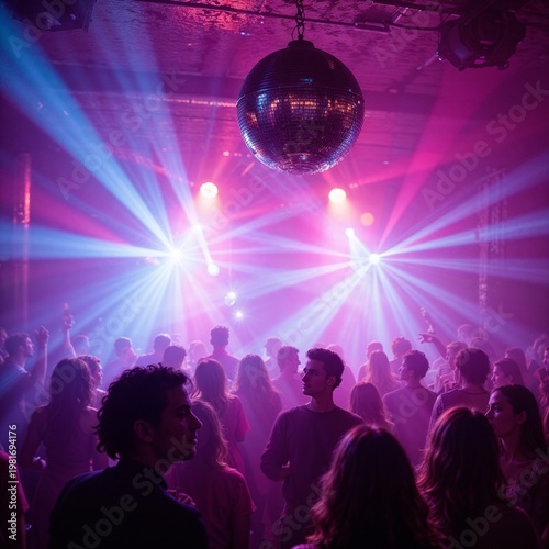 Dancing crowd at a nightclub with vibrant lights
