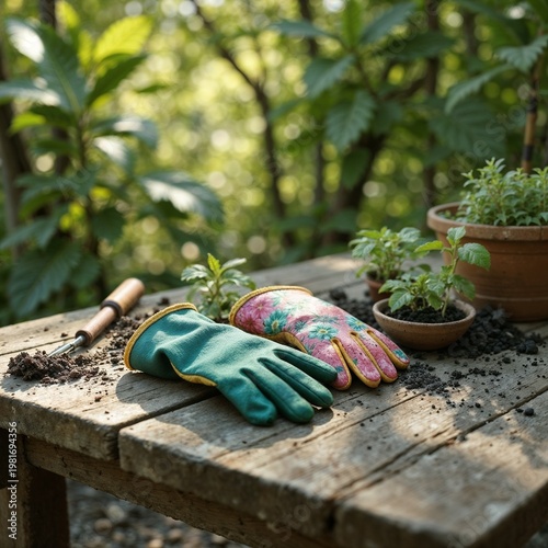 Gardening tools with colorful gloves on wooden table in sunny garden