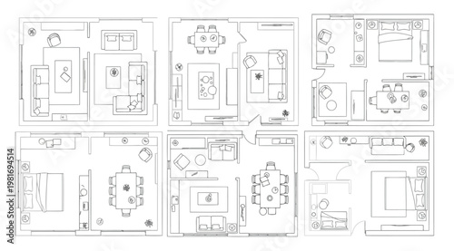 Collection of six different house floor plans with furniture and appliances in black and white