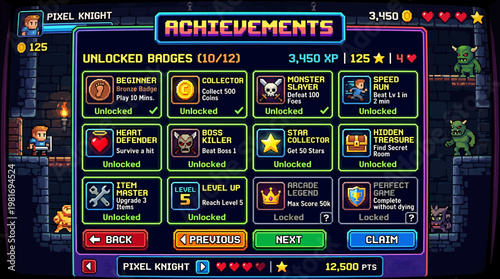 Pixel Art Game Achievement Screen with Icons and Stats